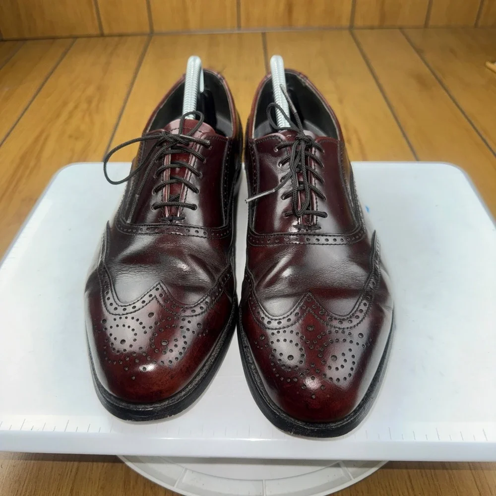 Burgundy Leather Wingtip Oxford Brogue Dress Shoes Mens Lace Up Almond Toe 10